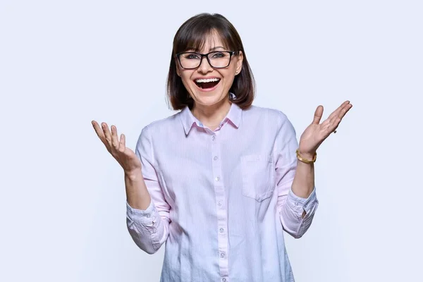 Happy Emotional Middle Aged Woman Looking Camera Light Studio Background — Stock Photo, Image