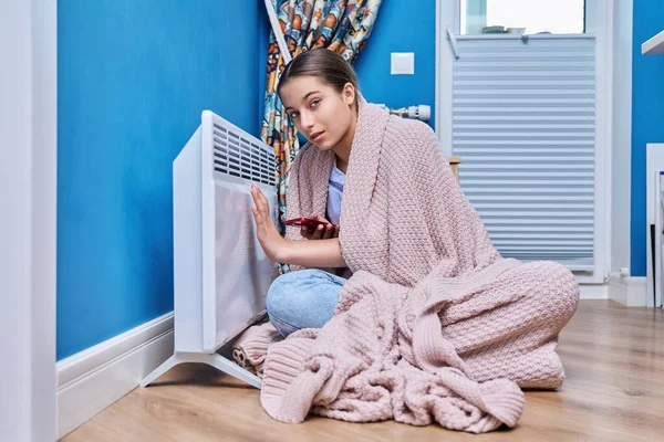Young Female Sitting Electric Heater Home Teenage Girl Warming Herself — Stock Photo, Image