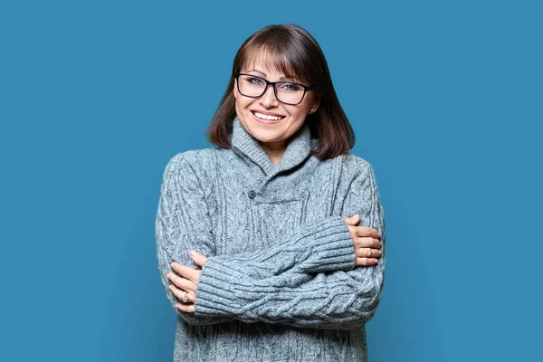 Portrait Confident Smiling Mid Adult Female Looking Camera Blue Color — Stock Photo, Image