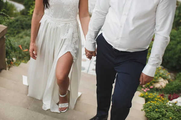 Noiva e noivo andando juntos segurando suas mãos — Fotografia de Stock