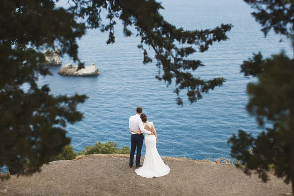 Gelin ve damat dağın yamacında. Okyanus. deniz — Stok fotoğraf