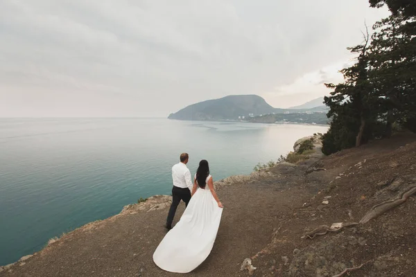 Noiva e noivo no precipício da montanha. o oceano. mar — Fotografia de Stock