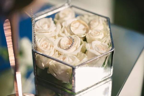 Dos anillos de boda dorados en caja de cristal. — Foto de Stock