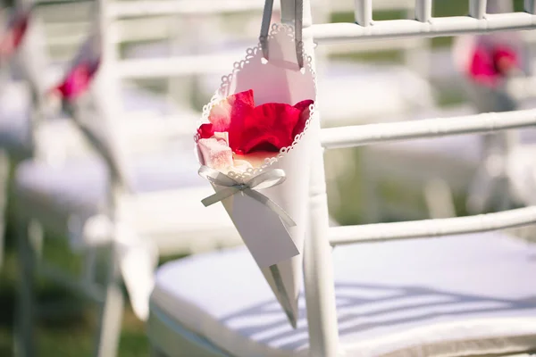 Sedie bianche alla cerimonia nuziale con petali di rosa — Foto Stock