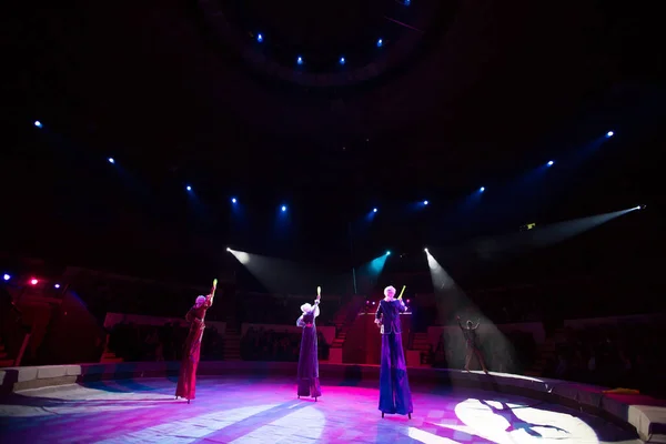 Jongleurs in het circus. Clown op palen. — Stockfoto