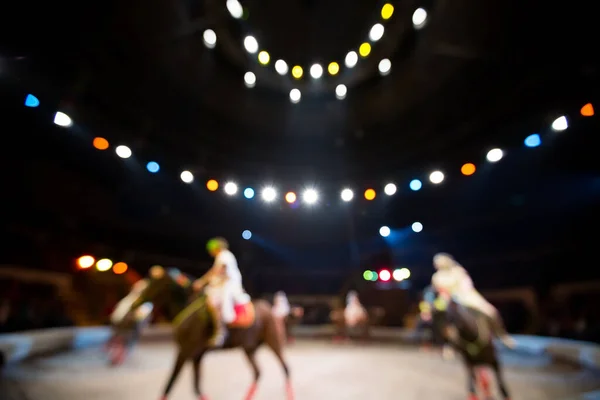 Rijdend op een circuspaard. Wazige achtergrond. Onder de koepel van het circus. — Stockfoto