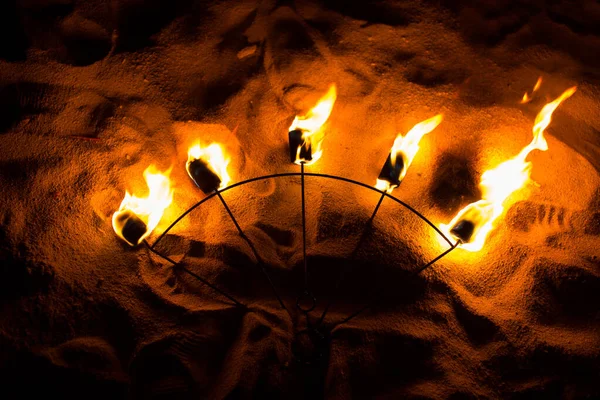 Fire Show Fire Movement. Fan of fire on the sand — Stock Photo, Image