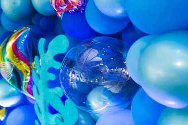 Doğum günü fotoğrafı için balon, balık ve mercan dekoru.