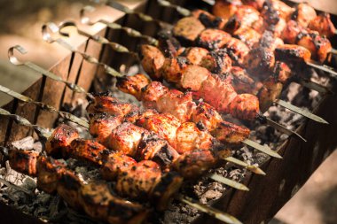 Salamura edilmiş şiş mangal ızgarasında mangal yapmaya hazırlanıyor. Şiş kebap ya da Şiş kebap Doğu Avrupa 'da popüler. Shashlyk şiş eti aslında kuzudan yapılmıştır. Mangalda Biftek Kebabı.