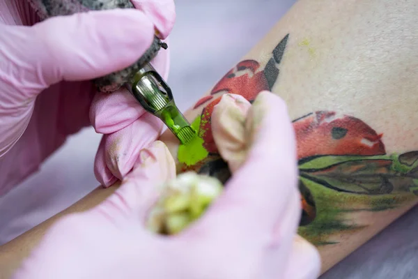 Close-up de uma artista feminina fazendo uma tatuagem colorida na perna de uma jovem. Artista de tatuagem enche uma joaninha em uma perna de meninas, tatuagem para uma menina. — Fotografia de Stock