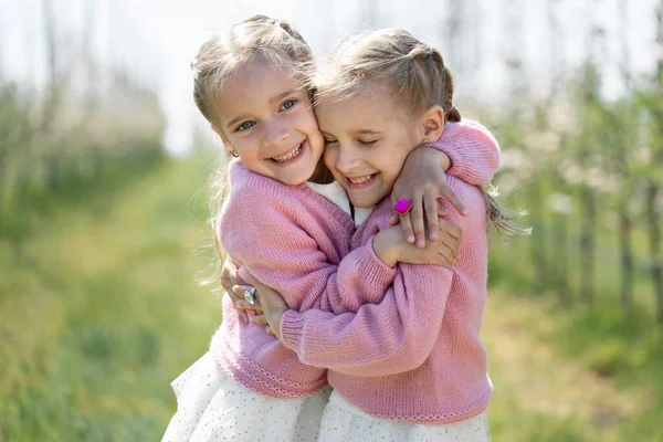 Felices dos hermanas gemelas se abrazan contra el fondo de un huerto de manzanas en flor verde —  Fotos de Stock