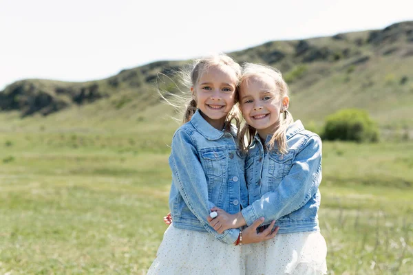 Retrato de dos hermanas gemelas que se abrazan en un prado en la naturaleza —  Fotos de Stock