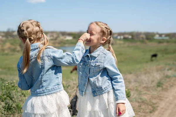 Dos hermanas gemelas se divierten y juegan, por ejemplo —  Fotos de Stock
