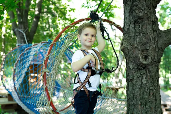 Portrait of a little boy in climbing gear in a rope park, holding a rope with a carbine — Stock Photo, Image