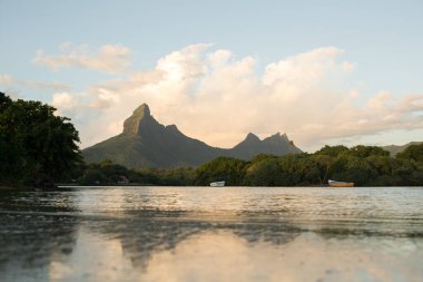 Hint Okyanusu nehir, pembe maymun, Black River İlçesi, Mauritius buluştuğu Tamarin yuvasından Rempart ve Mamelles tepeler.