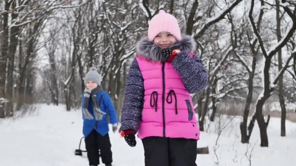 Παιδιά ένα αγόρι και ένα κορίτσι στο δάσος το χειμώνα πηδούν, πετάνε χιόνι και γελάνε. Αργή κίνηση. — Αρχείο Βίντεο