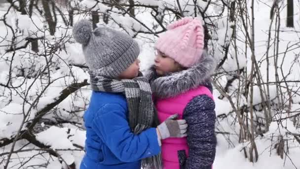 Діти, хлопчик і дівчинка, обіймаються і цілуються взимку на холоді в засніженому лісі — стокове відео