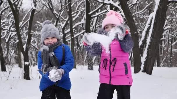 Ragazzo e una ragazza camminano nella neve in una foresta invernale, gettando neve sulle loro teste — Video Stock