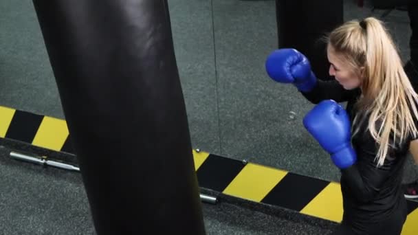 Молода жінка-спортсменка в блакитних боксерських рукавичках потрапляє в грушу . — стокове відео