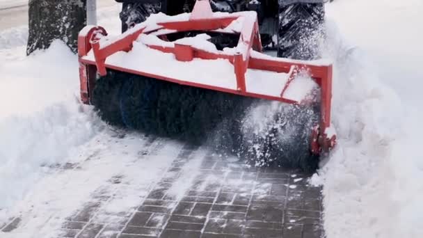 Servicio de limpieza de la ciudad nieve, un pequeño tractor con un cepillo giratorio despeja una carretera en el parque de la ciudad de la nieve fresca caída en el día de invierno — Vídeos de Stock