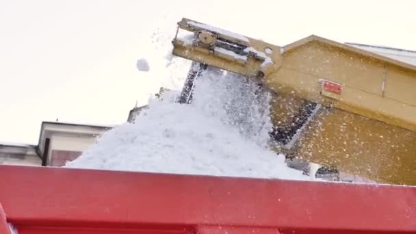 Trator de limpeza de neve, garra carregador veículo carga pilha de neve em um caminhão basculante. Arado de neve ao ar livre limpeza cidade de rua após nevasca ou nevasca. — Vídeo de Stock