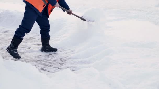 Para pekerja menyapu salju dari jalan di musim dingin, membersihkan jalan dari badai salju — Stok Video