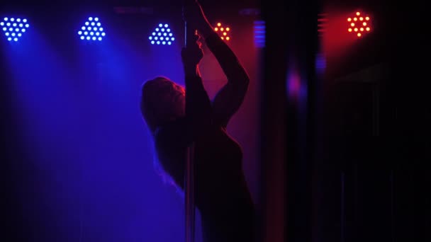 Vonzó fiatal szexi nő táncol egy rúdon a színes füstben. — Stock videók