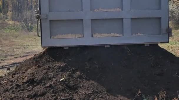 El camión vierte tierra fértil, chernozem en una granja de agricultura ecológica — Vídeos de Stock