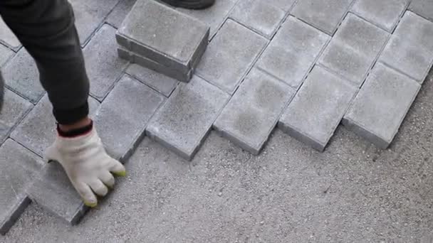 Un artigiano posa blocchi di pietra pavimentazione in calcestruzzo sulla sabbia — Video Stock