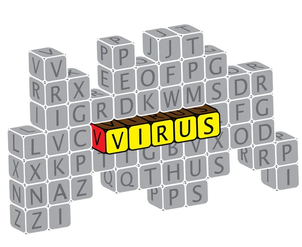 Ilustrasi virus kata menggunakan kubus alfabet. Kaleng grafis - Stok Vektor