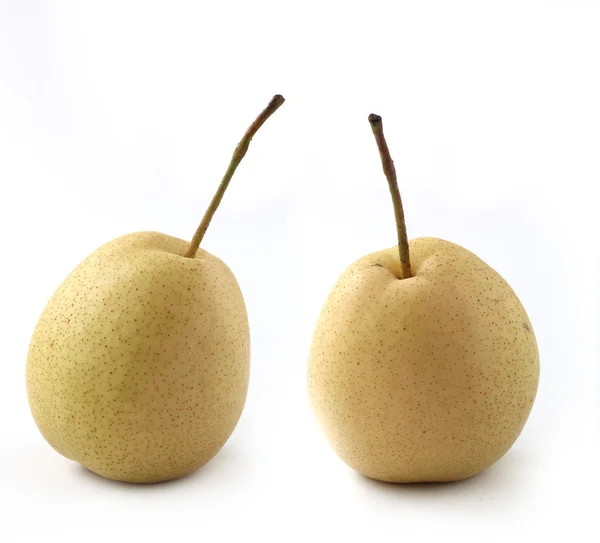 Closeup of two fully ripe organic pears on white background — Stock Photo, Image