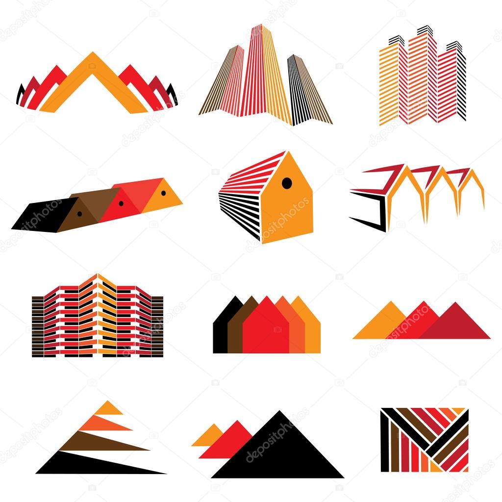 Icons of office buildings, residential houses & homes. Also symbols and signs of real estate, commercial shops, apartments, factories and other establishments.