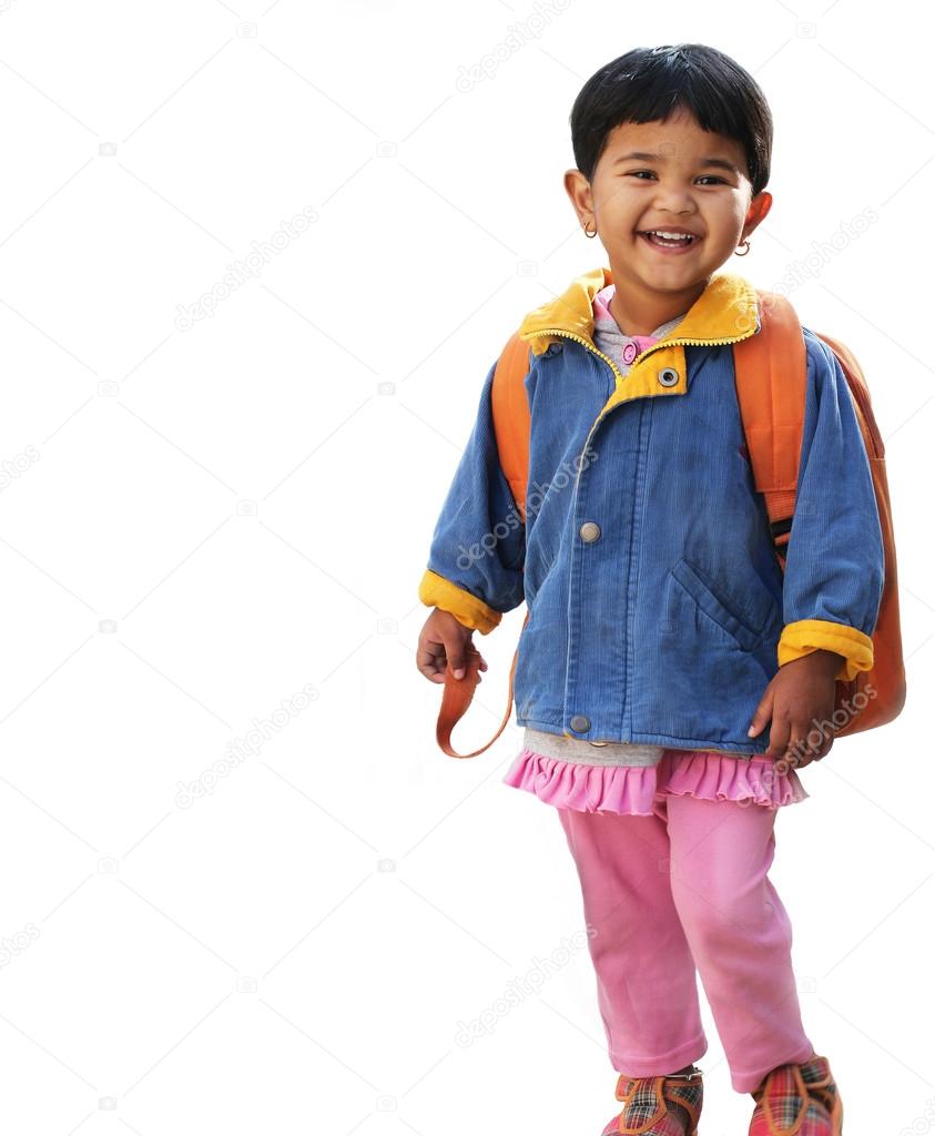 Pretty little indian pre-school girl ready to go to school in ve