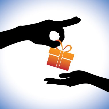 Concept illustration of person giving gift package to the receiv clipart