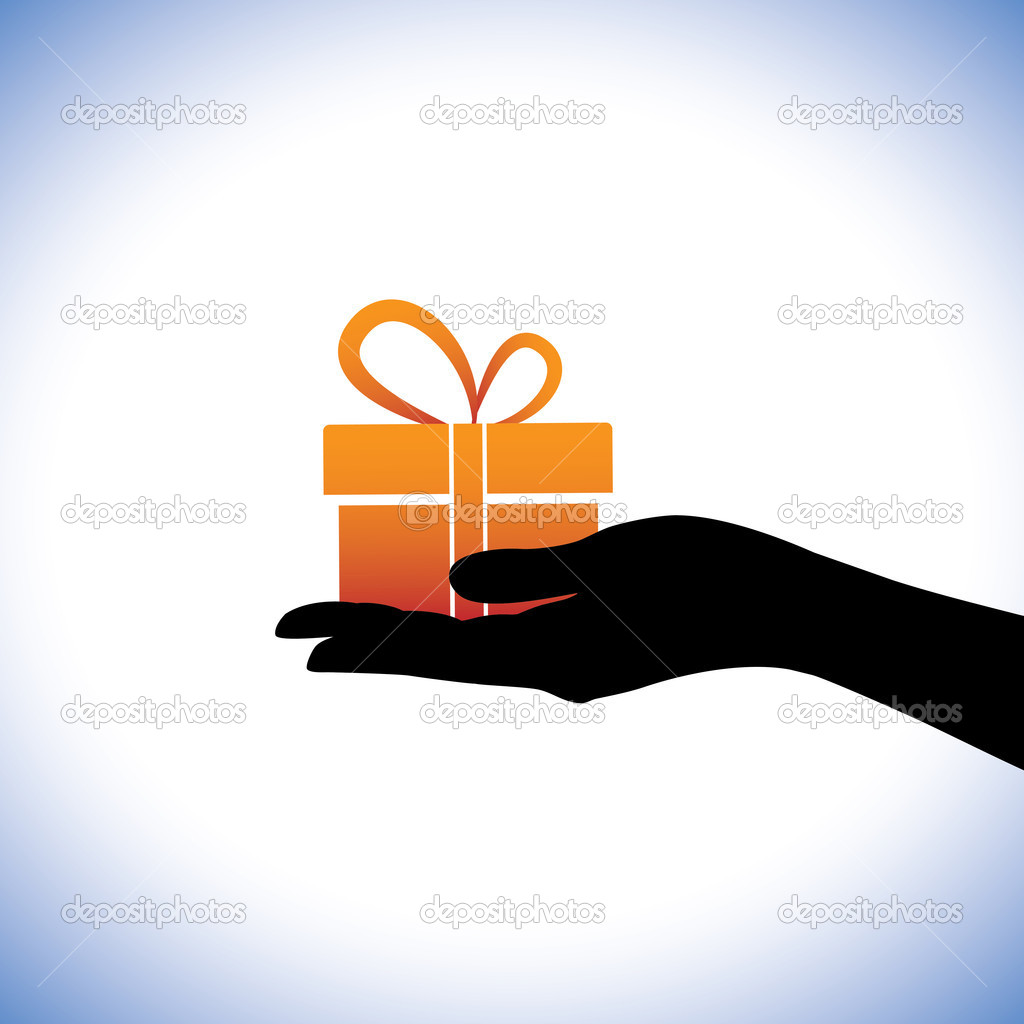 Illustration of person giving/receiving gift package. This conce