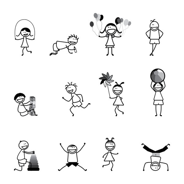 Дети (дети) играют и веселятся в школе в черном и белом
