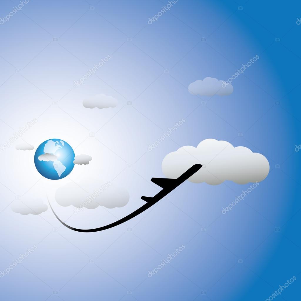 Illustration of airplane, sky with clouds & world in backdrop. T