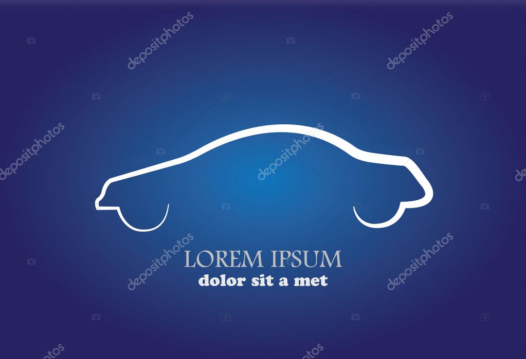 Stylish modern car abstract sign or symbol. Vector icon graphic in white color on blue background.