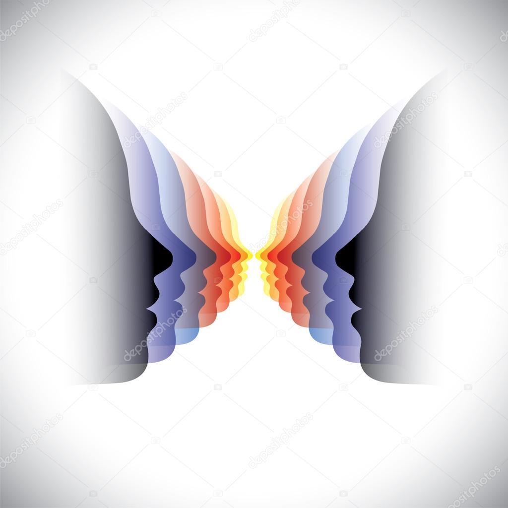 Vector illustration- colorful abstract faces of modern woman. The graphic can represent modern stylish girls or ladies forming groups and teams. The graphic also looks like a butterfly.