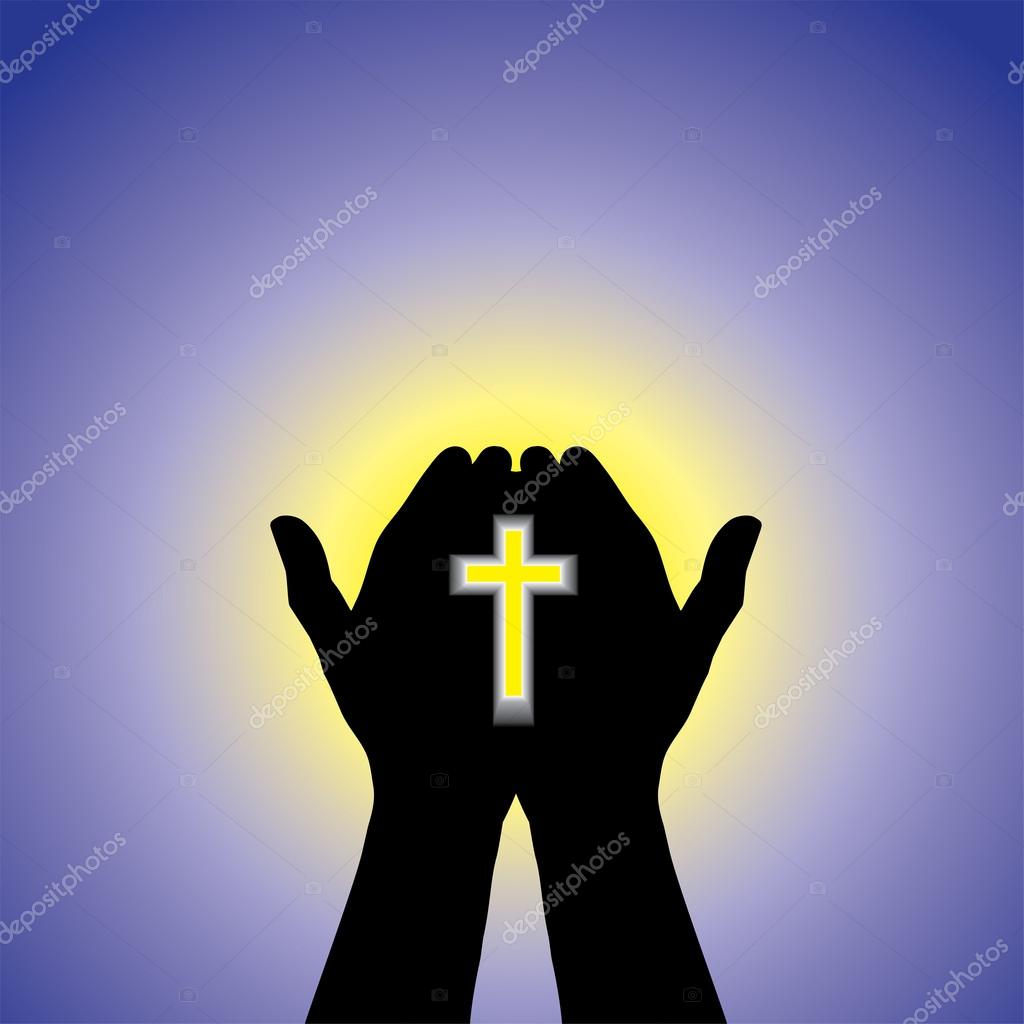 Person praying or worshiping with cross in hand - concept of a devout christian worshiping Christ with clear blue sky and sun in the background