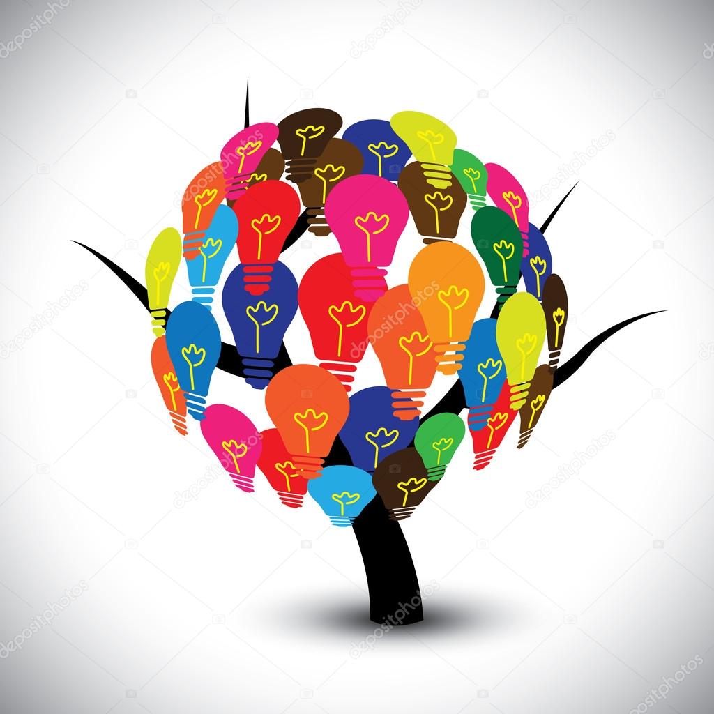 Vector graphic of idea tree with colorful bulbs as solutions