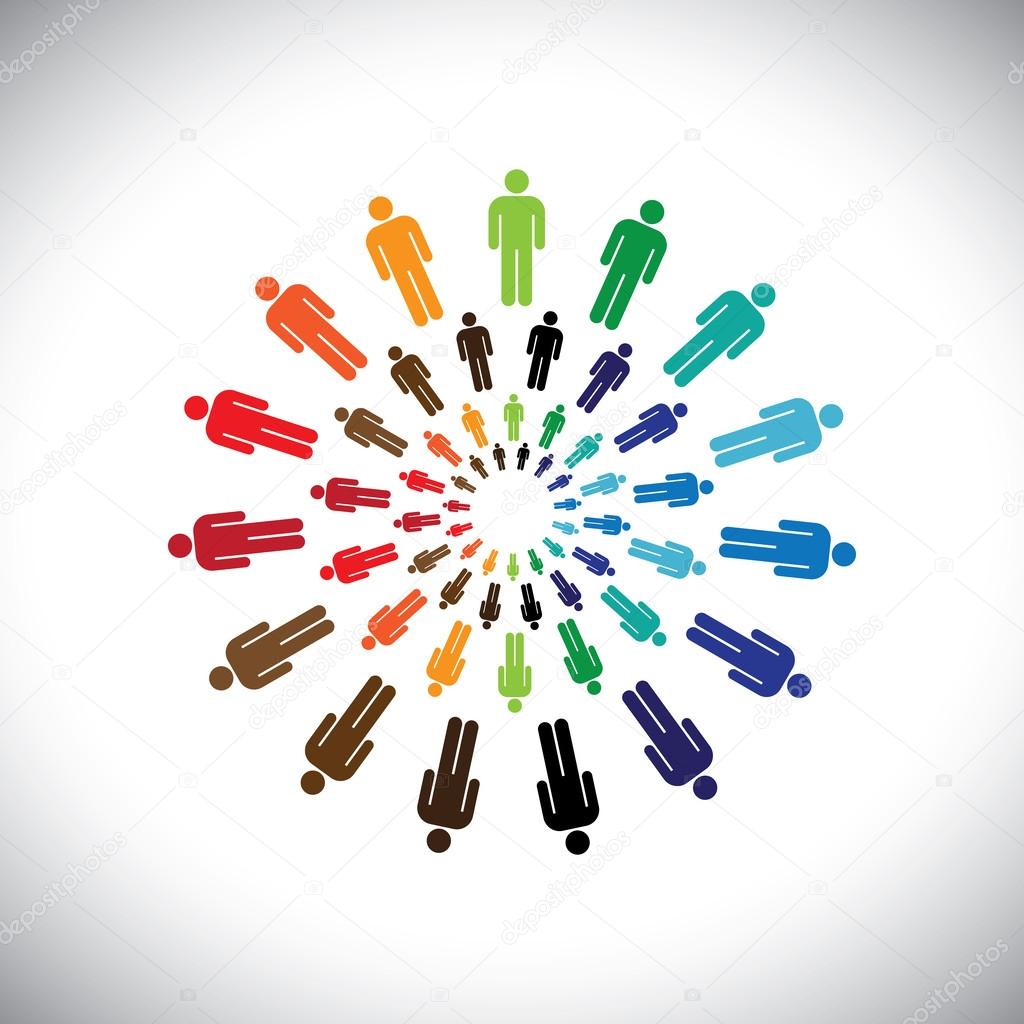 Colorful multi-ethnic teams or communities meet as circle