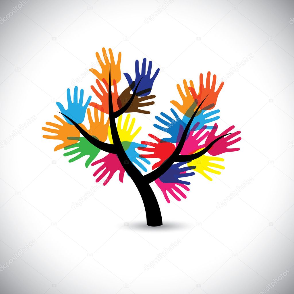 Mano e palma impronte colorate e foglie e fiori di albero vettoriale questa illustrazione grafica rappresenta squadra standing unito il sostegno della