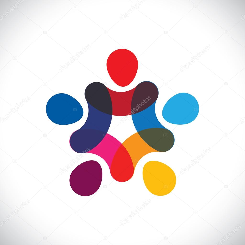 Concept of community unity,solidarity & friendship- vector graphic. This illustration can also represent colorful kids playing together holding hands together in circles or union of workers, etc