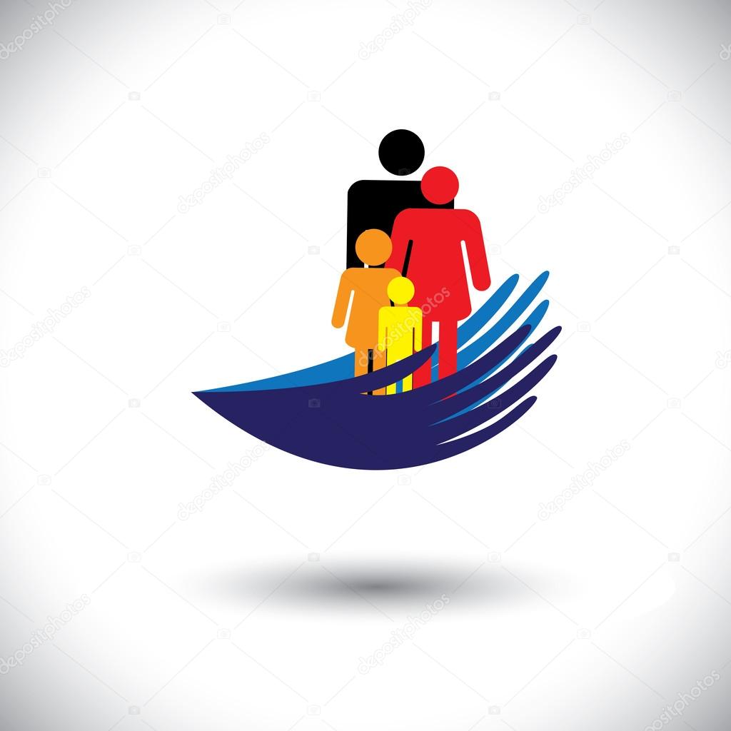 Concept vector graphic- hands protecting family of parents & chi