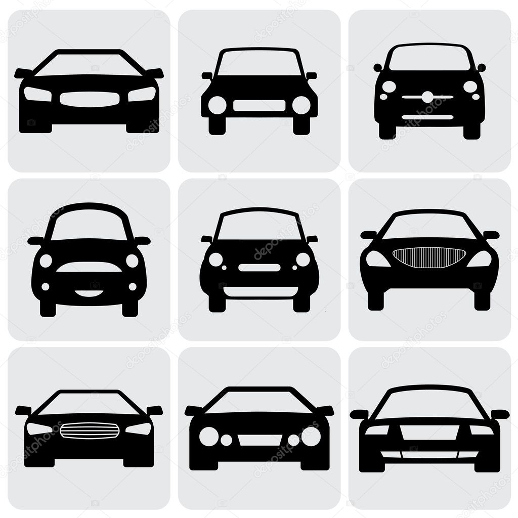 compact and luxury passenger car icons(signs) front view- vecto