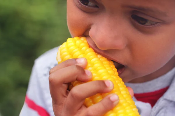 Hungry indian boy(kid) eating sweet corn(healthy food) — Stock Photo, Image