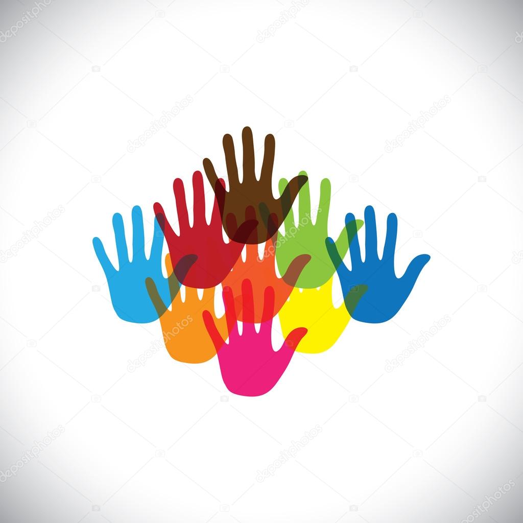colorful hand(palm) icons(signs) of children together- vector gr
