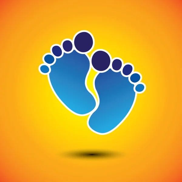 Marque du pied du bébé ou de l'enfant en bas âge en bleu sur fond orange - vec — Image vectorielle