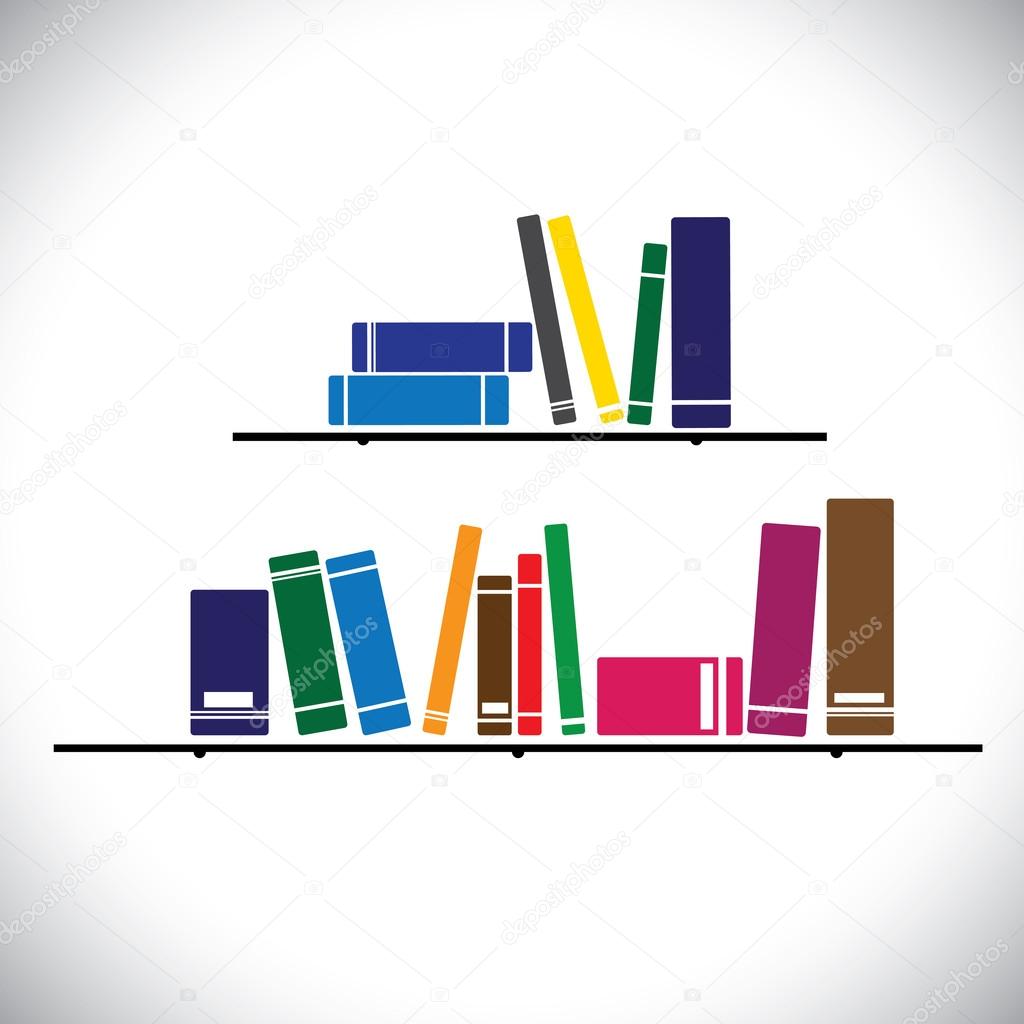 colorful collection books on a library shelf - study concept vec